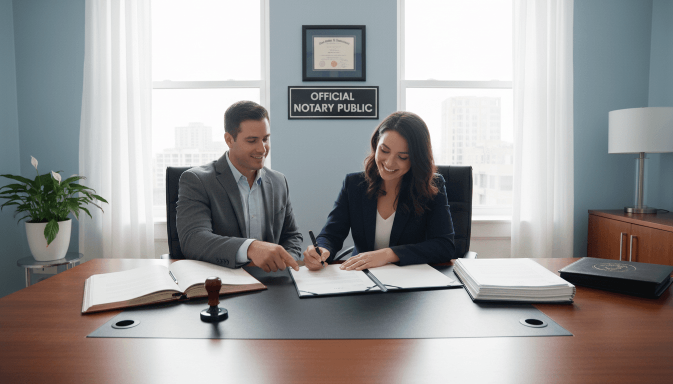 Professional notary public signing and stamping important documents at office desk
