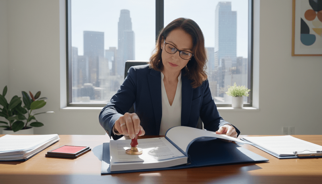 Notary reviewing and stamping official document