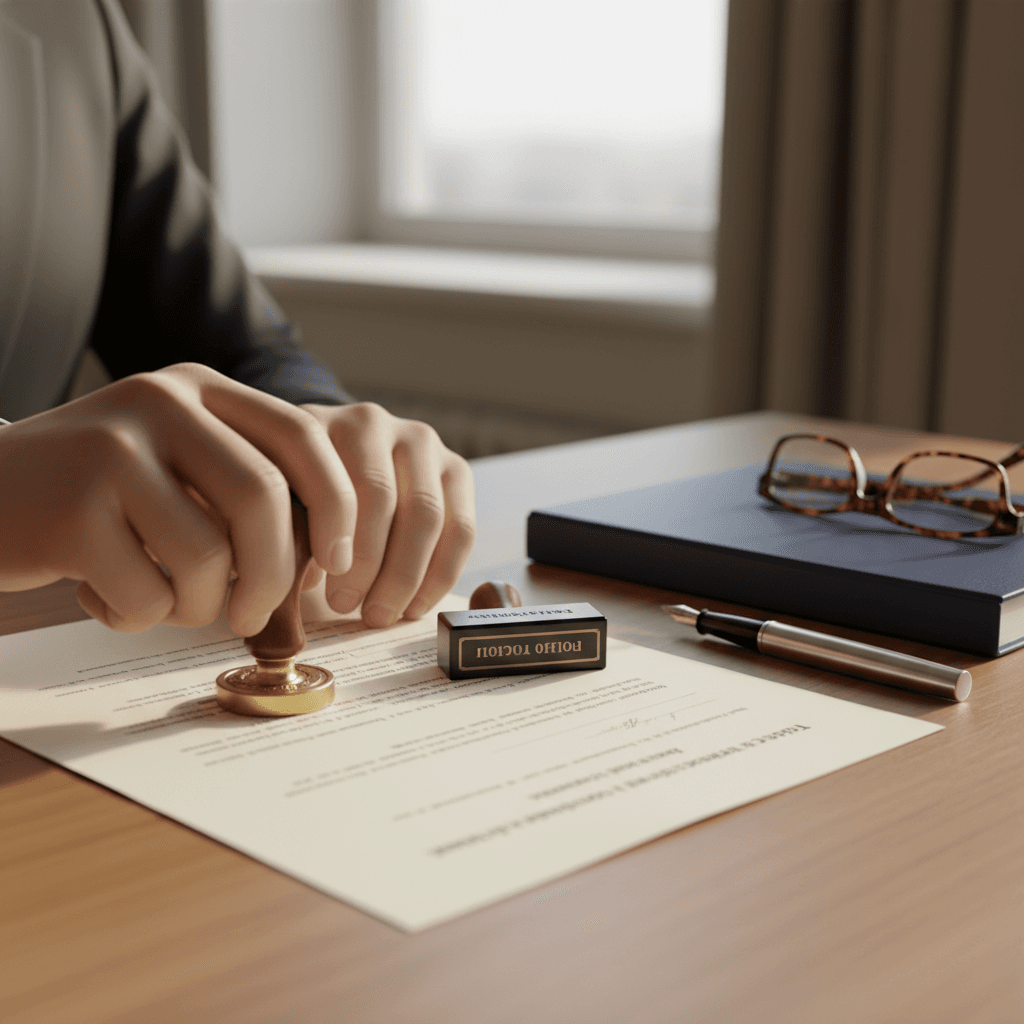 Notary public's hands carefully stamping and reviewing a legal document with official seal and pen on wooden desk